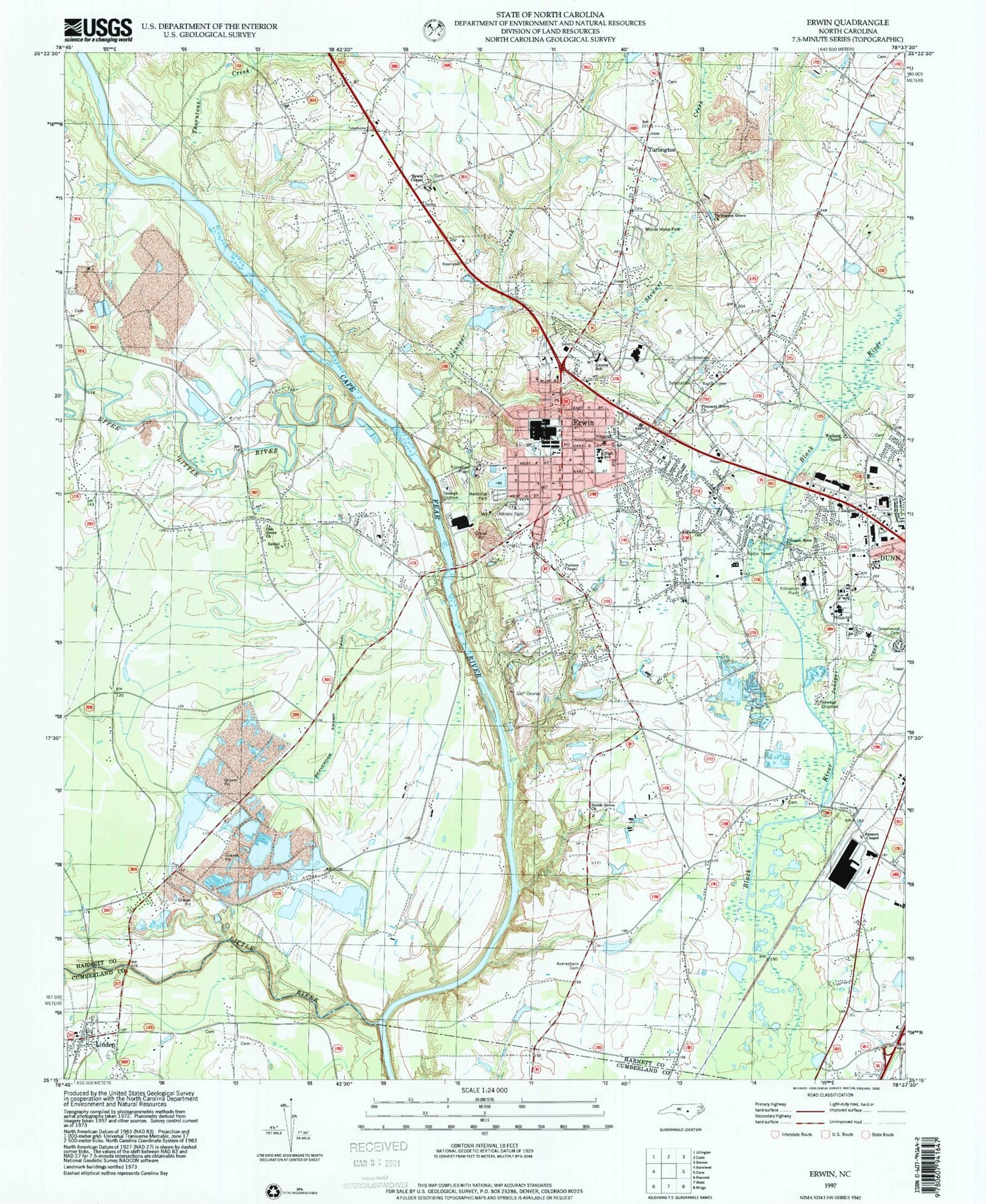Classic USGS Erwin North Carolina 7.5'x7.5' Topo Map Image