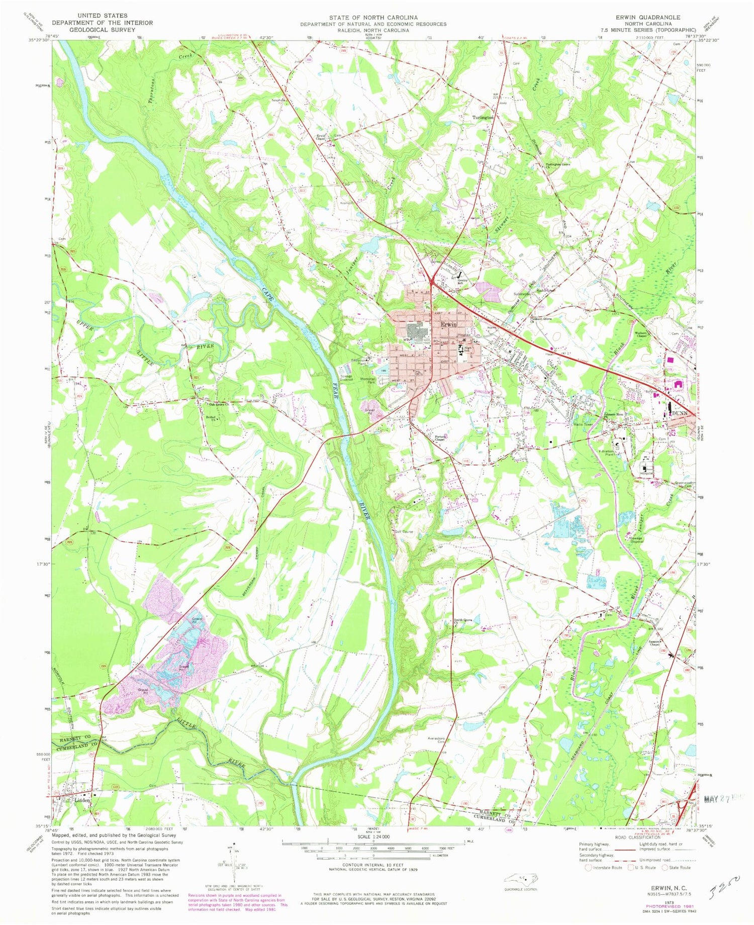Classic USGS Erwin North Carolina 7.5'x7.5' Topo Map Image
