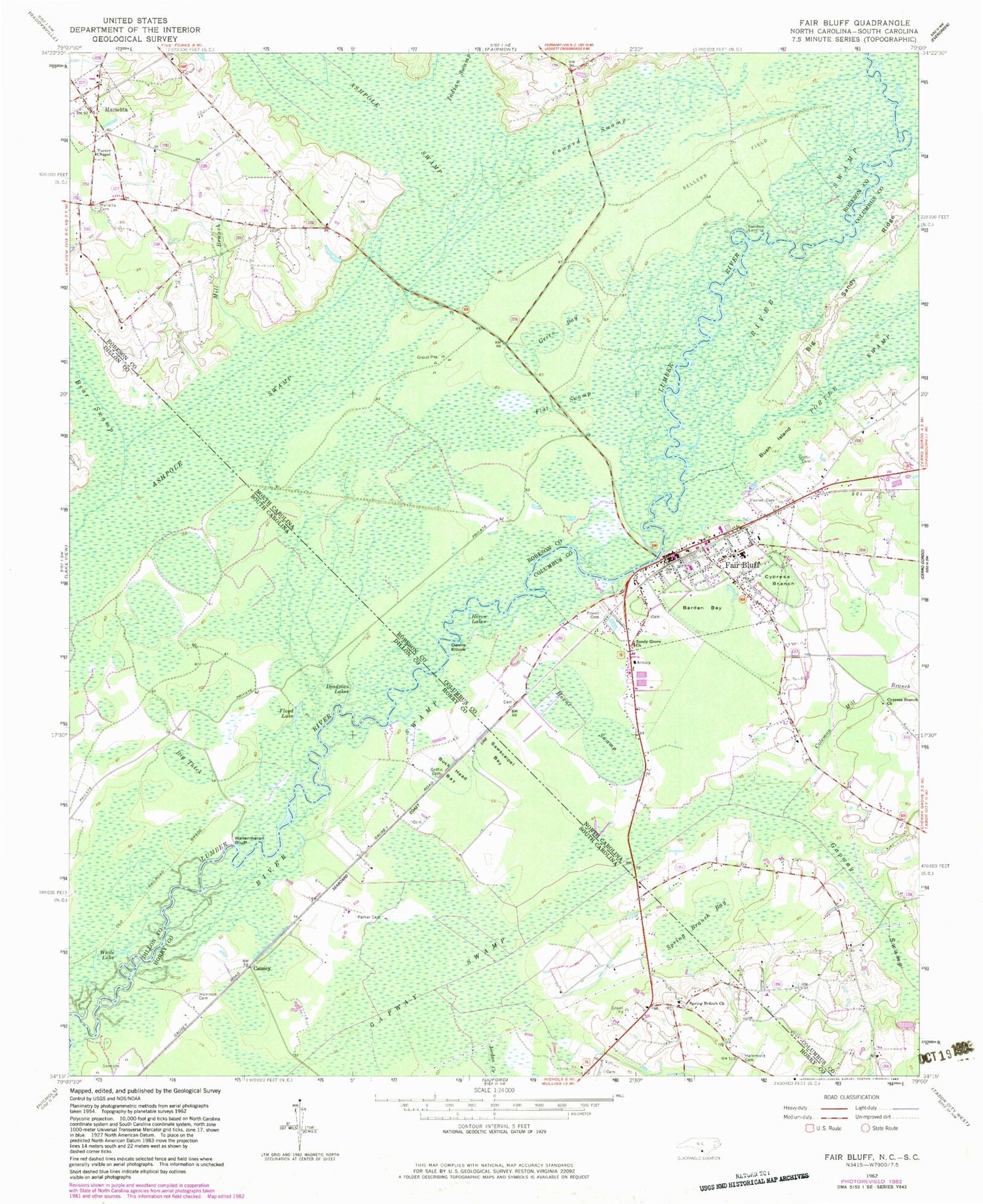 Classic USGS Fair Bluff North Carolina 7.5'x7.5' Topo Map Image