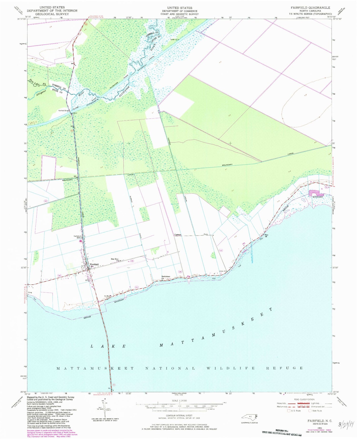 Classic USGS Fairfield North Carolina 7.5'x7.5' Topo Map Image