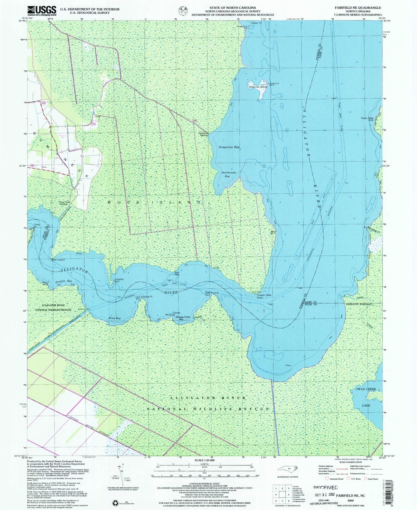 Classic USGS Fairfield NE North Carolina 7.5'x7.5' Topo Map Image