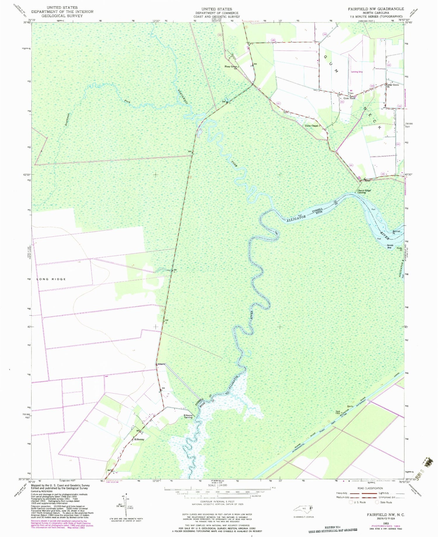 Classic USGS Fairfield NW North Carolina 7.5'x7.5' Topo Map Image