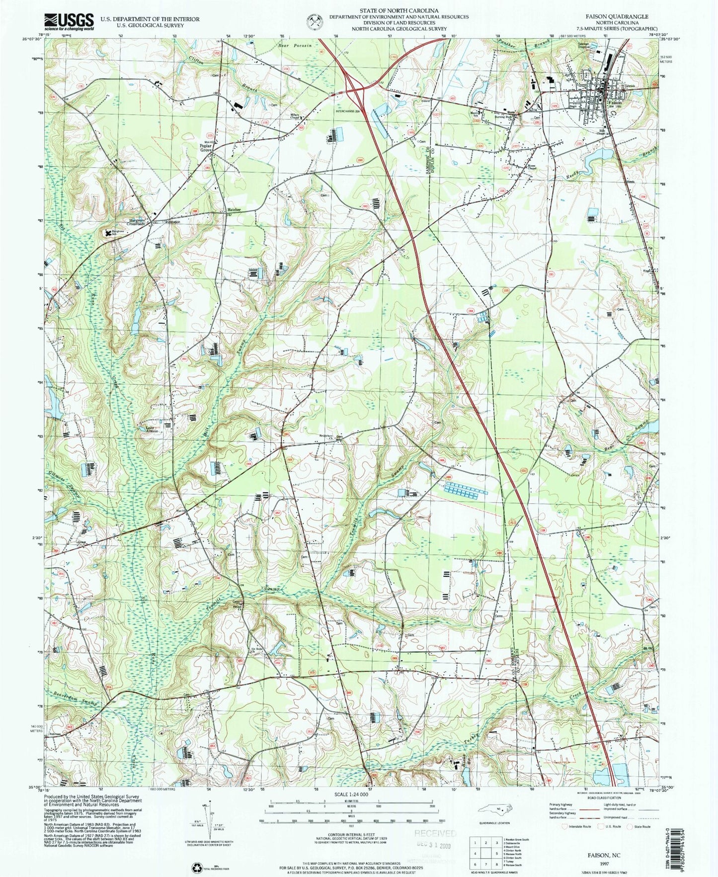 Classic USGS Faison North Carolina 7.5'x7.5' Topo Map Image