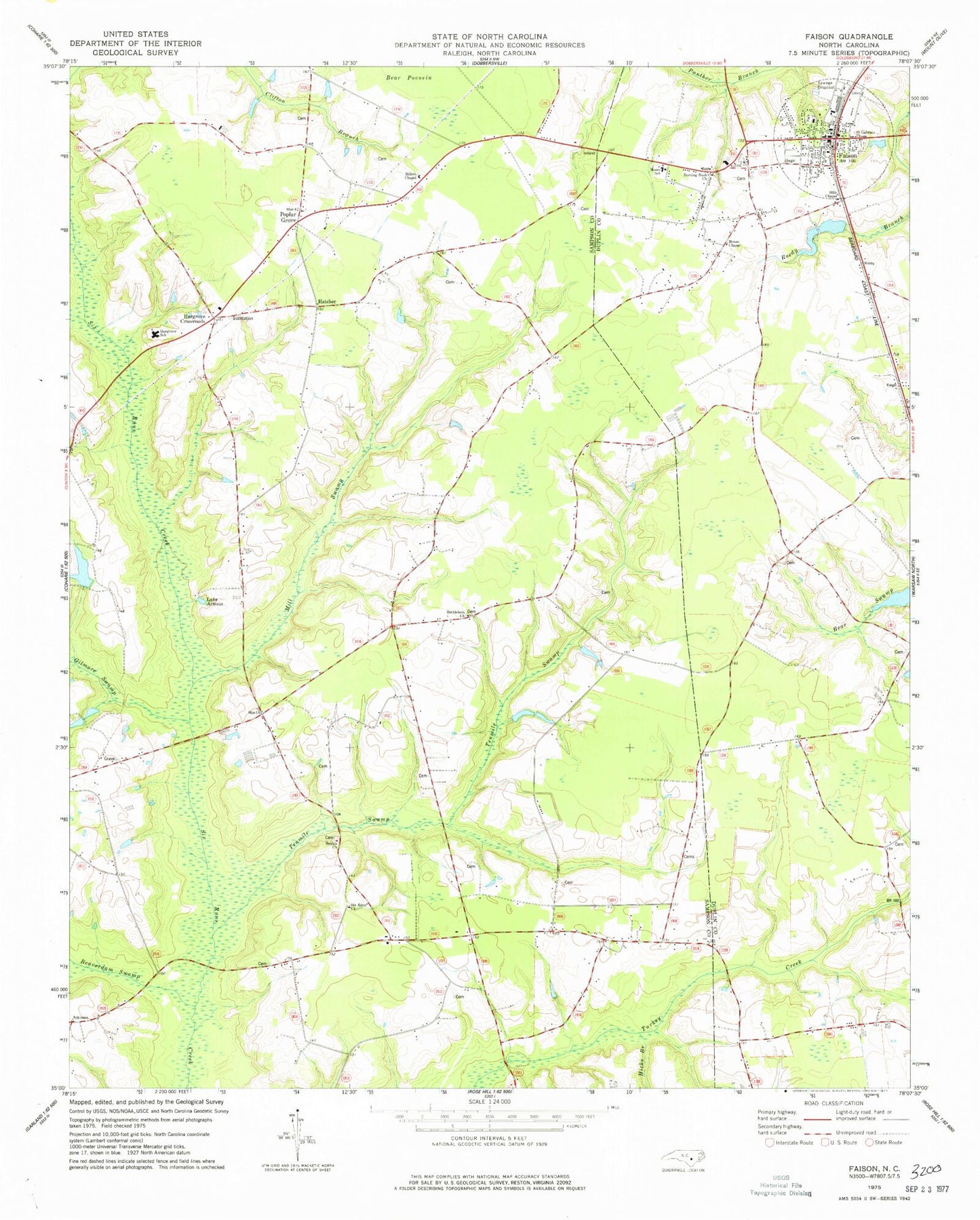 Classic USGS Faison North Carolina 7.5'x7.5' Topo Map Image