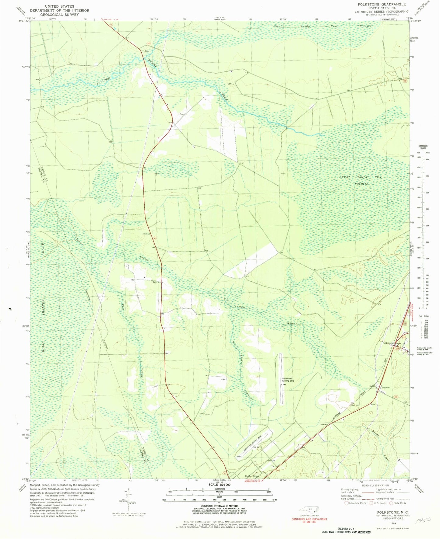 Classic USGS Folkstone North Carolina 7.5'x7.5' Topo Map Image