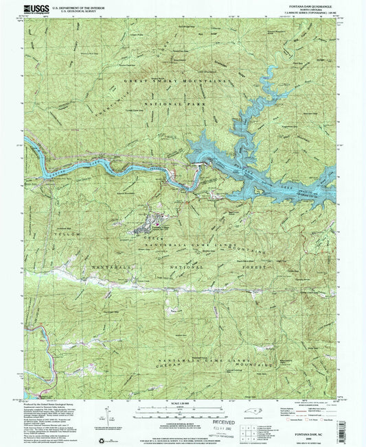 Classic USGS Fontana Dam North Carolina 7.5'x7.5' Topo Map Image