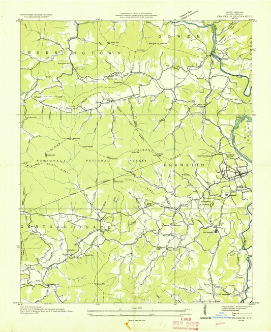 Classic USGS Franklin North Carolina 7.5'x7.5' Topo Map Image