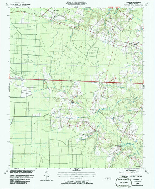 Classic USGS Freeman North Carolina 7.5'x7.5' Topo Map Image