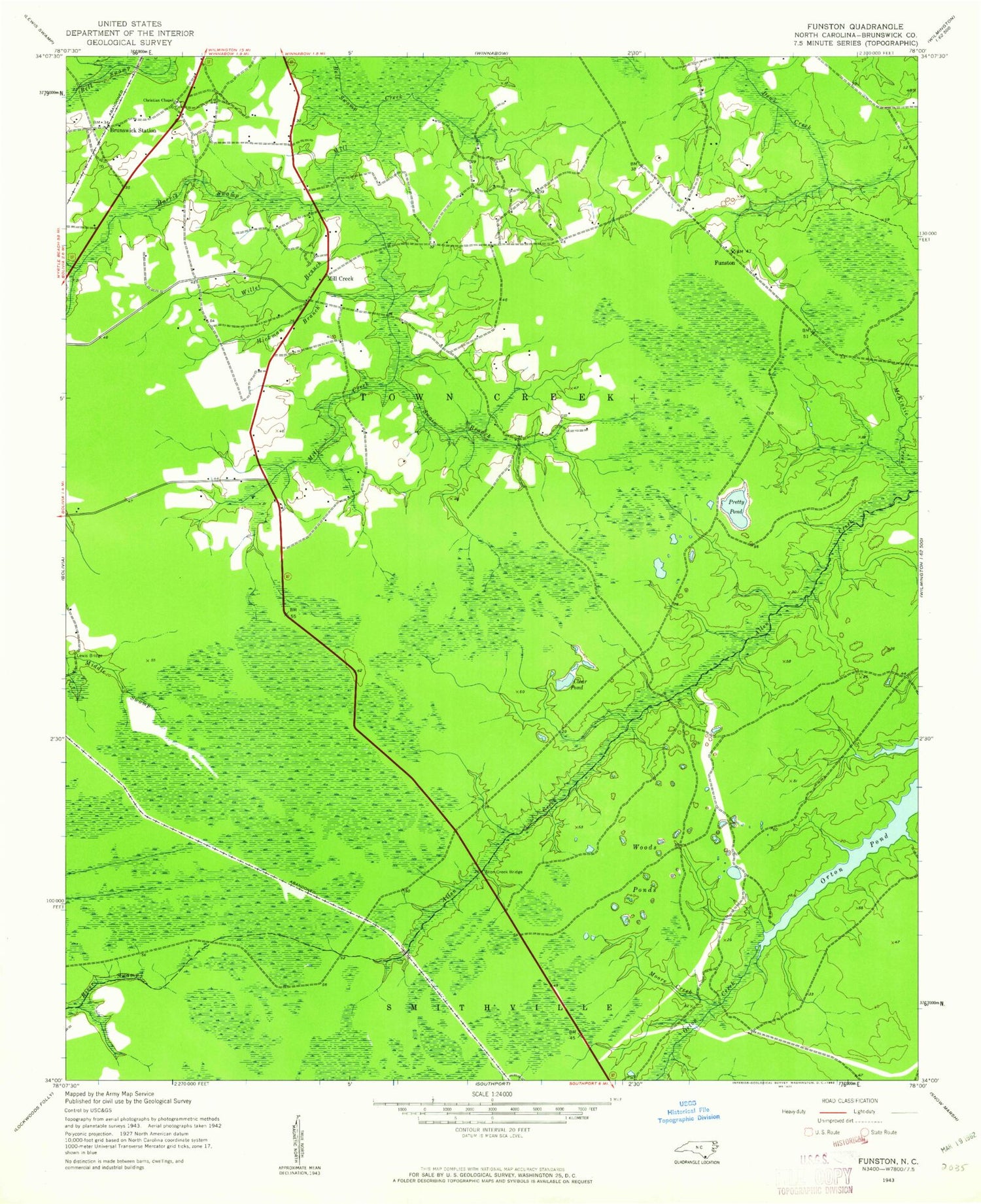 Classic USGS Funston North Carolina 7.5'x7.5' Topo Map Image