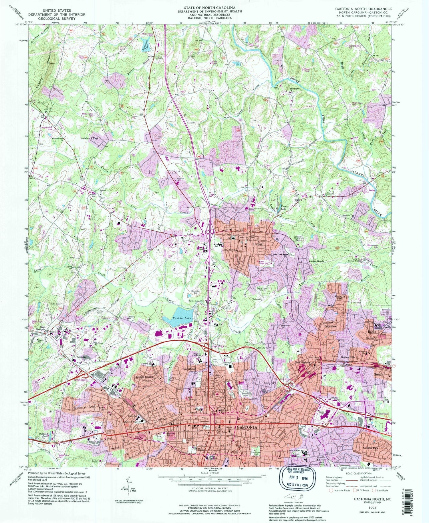 Classic USGS Gastonia North North Carolina 7.5'x7.5' Topo Map Image