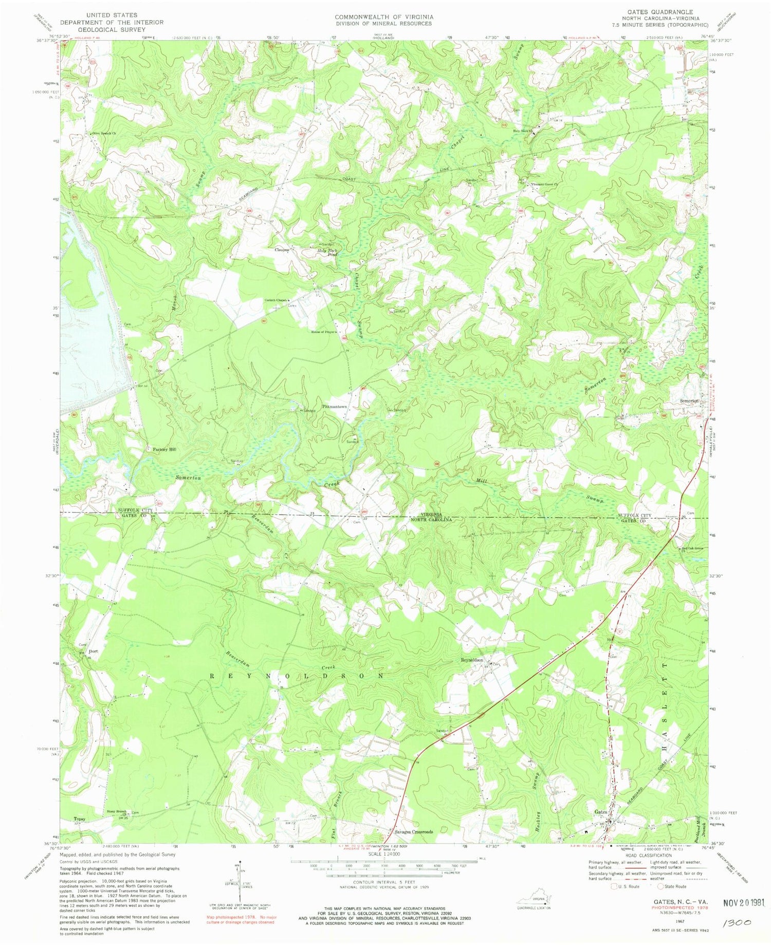Classic USGS Gates North Carolina 7.5'x7.5' Topo Map Image