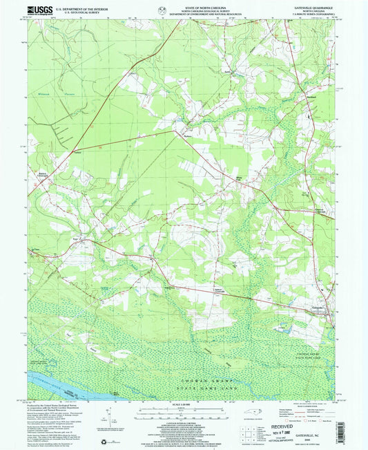Classic USGS Gatesville North Carolina 7.5'x7.5' Topo Map Image
