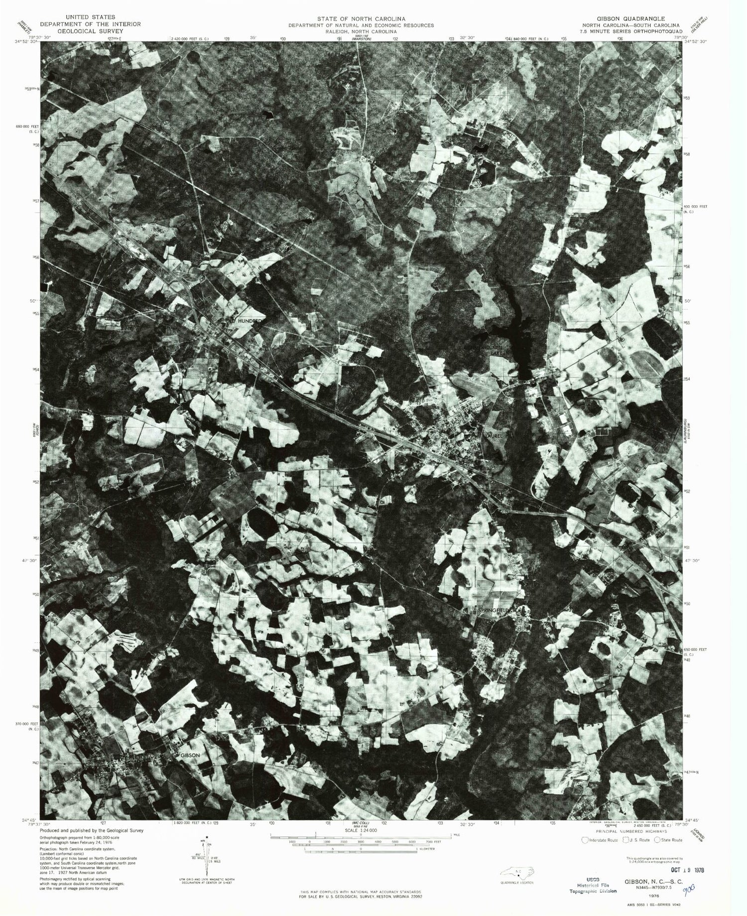 Classic USGS Gibson North Carolina 7.5'x7.5' Topo Map Image