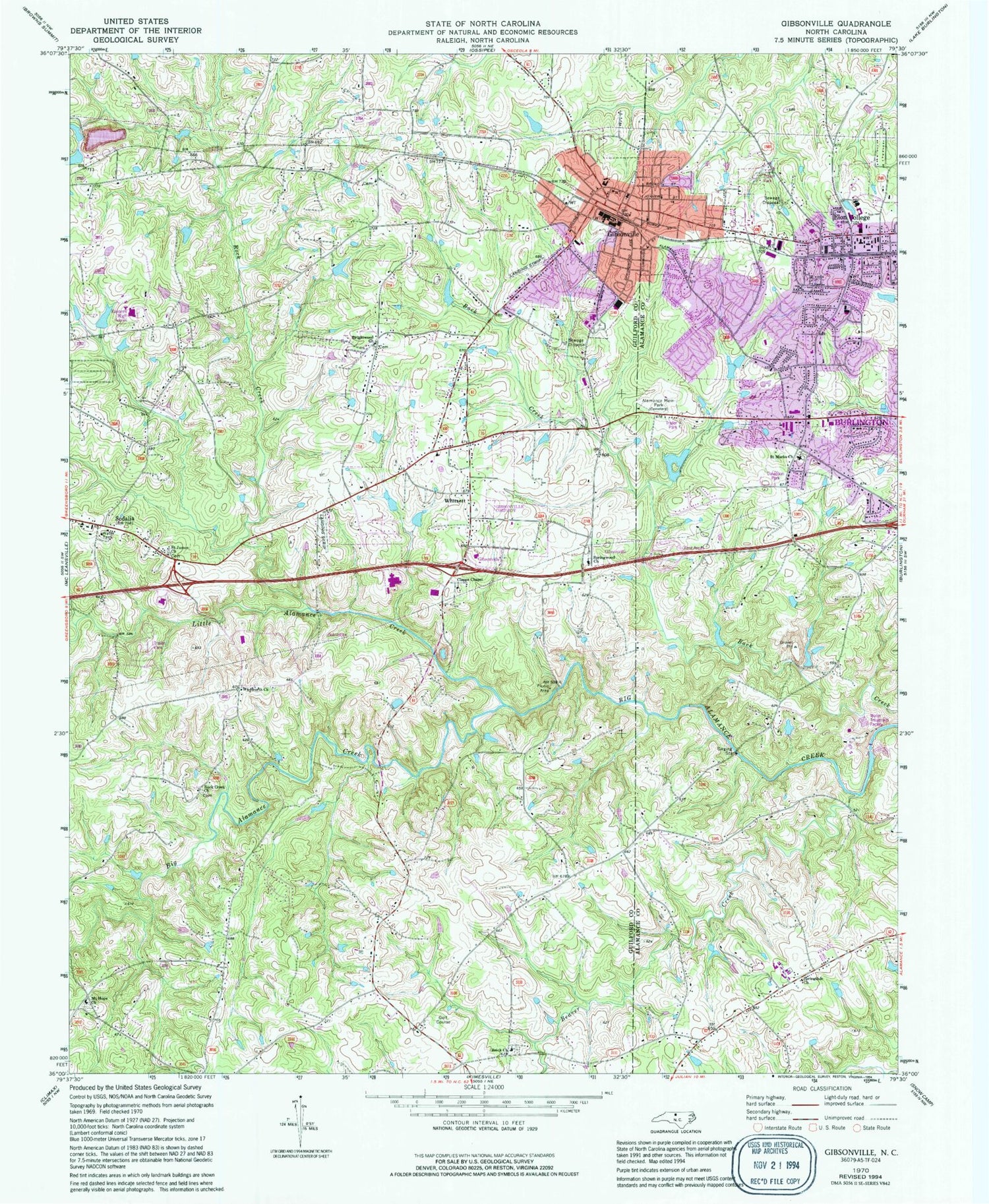 Classic USGS Gibsonville North Carolina 7.5'x7.5' Topo Map Image