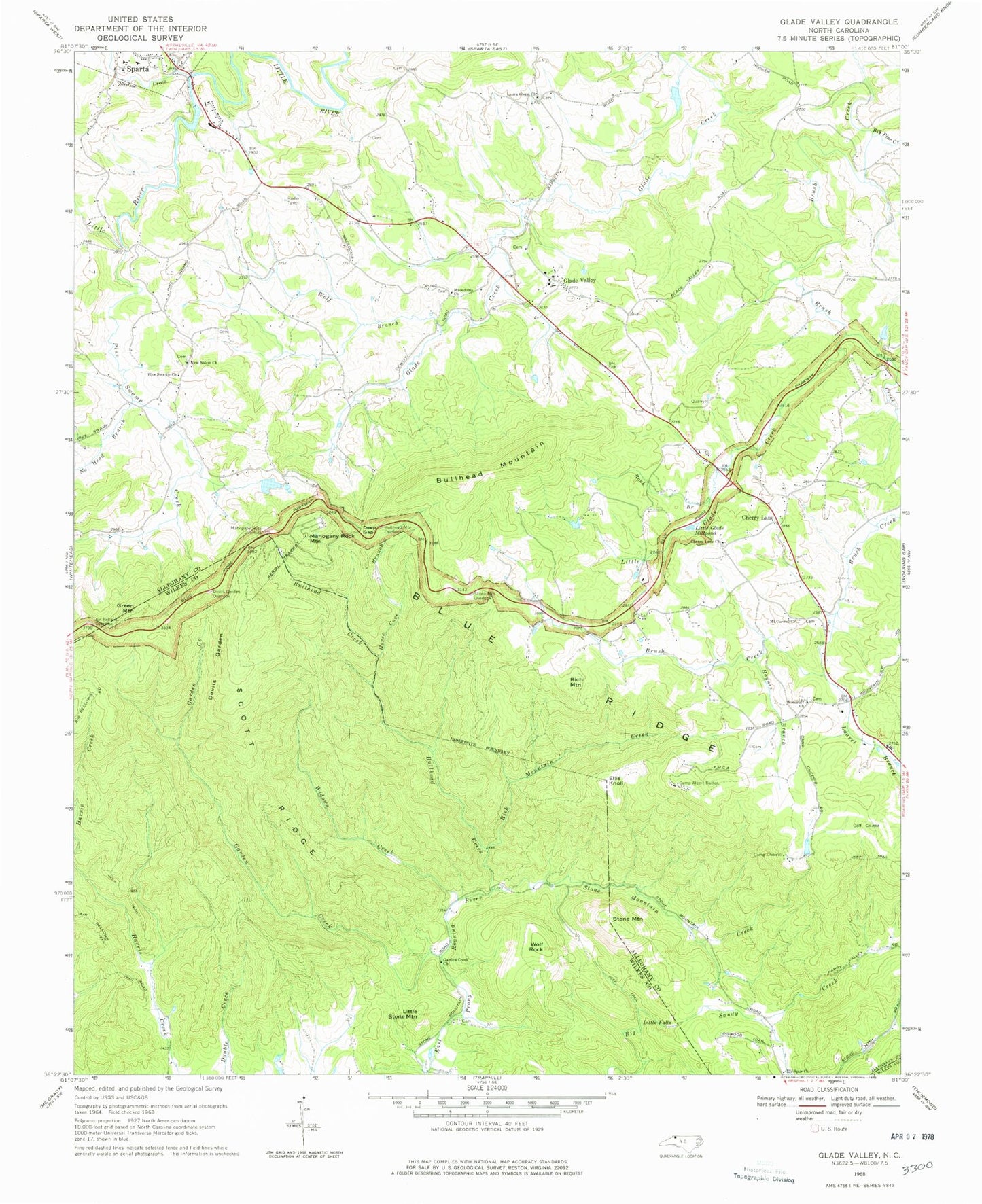 Classic USGS Glade Valley North Carolina 7.5'x7.5' Topo Map Image