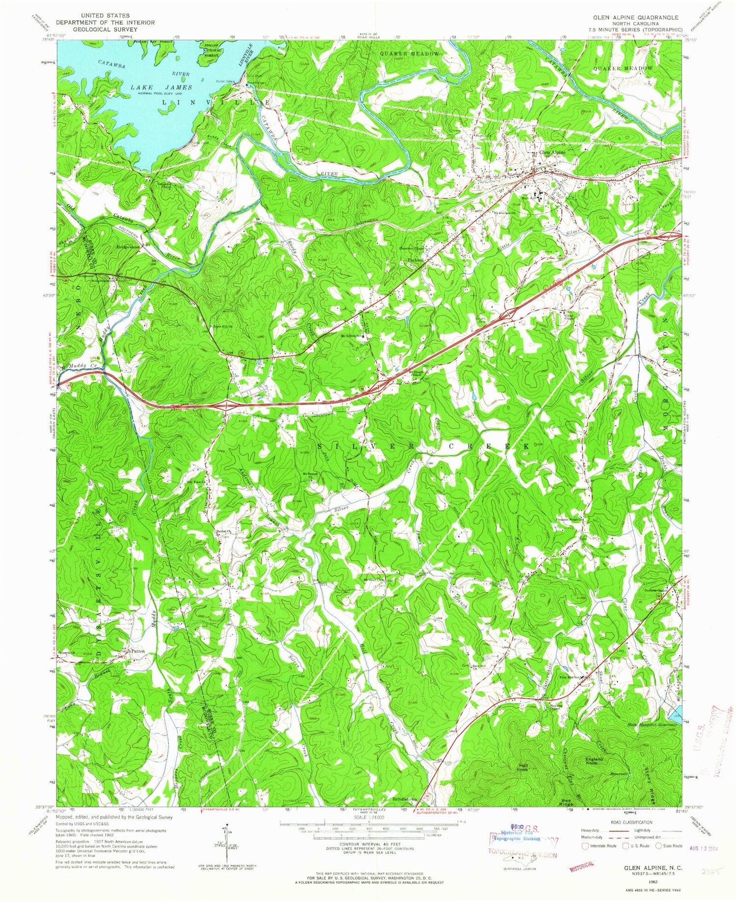Classic USGS Glen Alpine North Carolina 7.5'x7.5' Topo Map Image