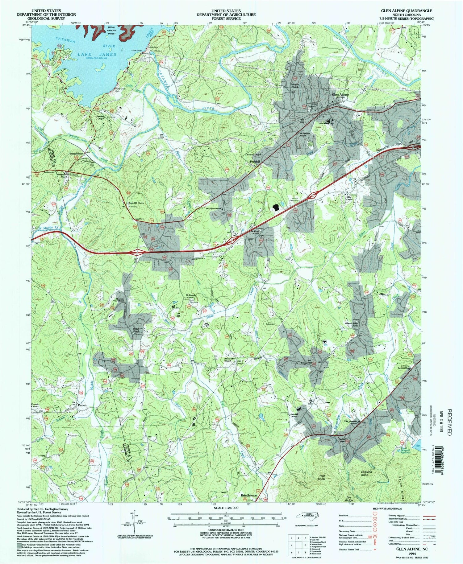 Classic USGS Glen Alpine North Carolina 7.5'x7.5' Topo Map Image