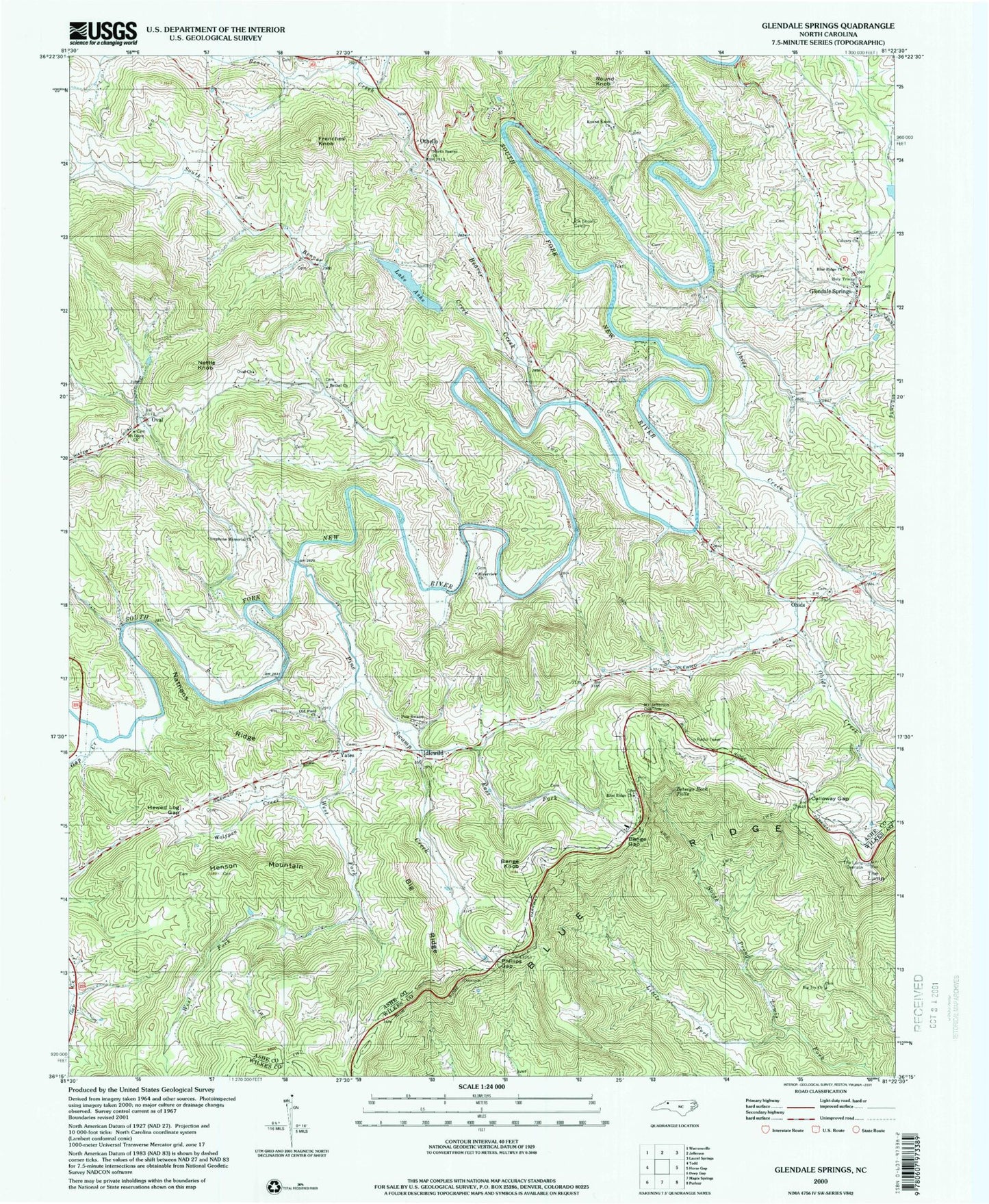 Classic USGS Glendale Springs North Carolina 7.5'x7.5' Topo Map Image