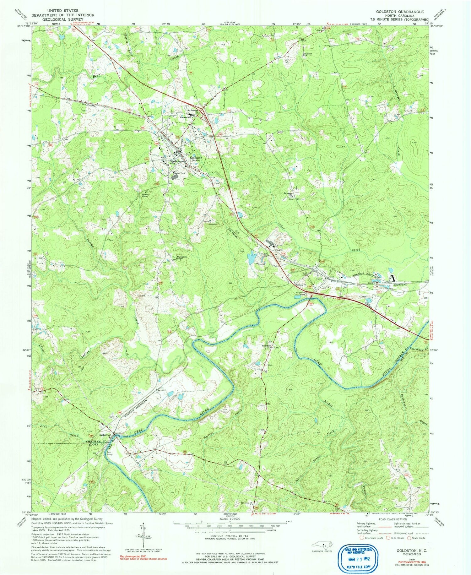 Classic USGS Goldston North Carolina 7.5'x7.5' Topo Map Image
