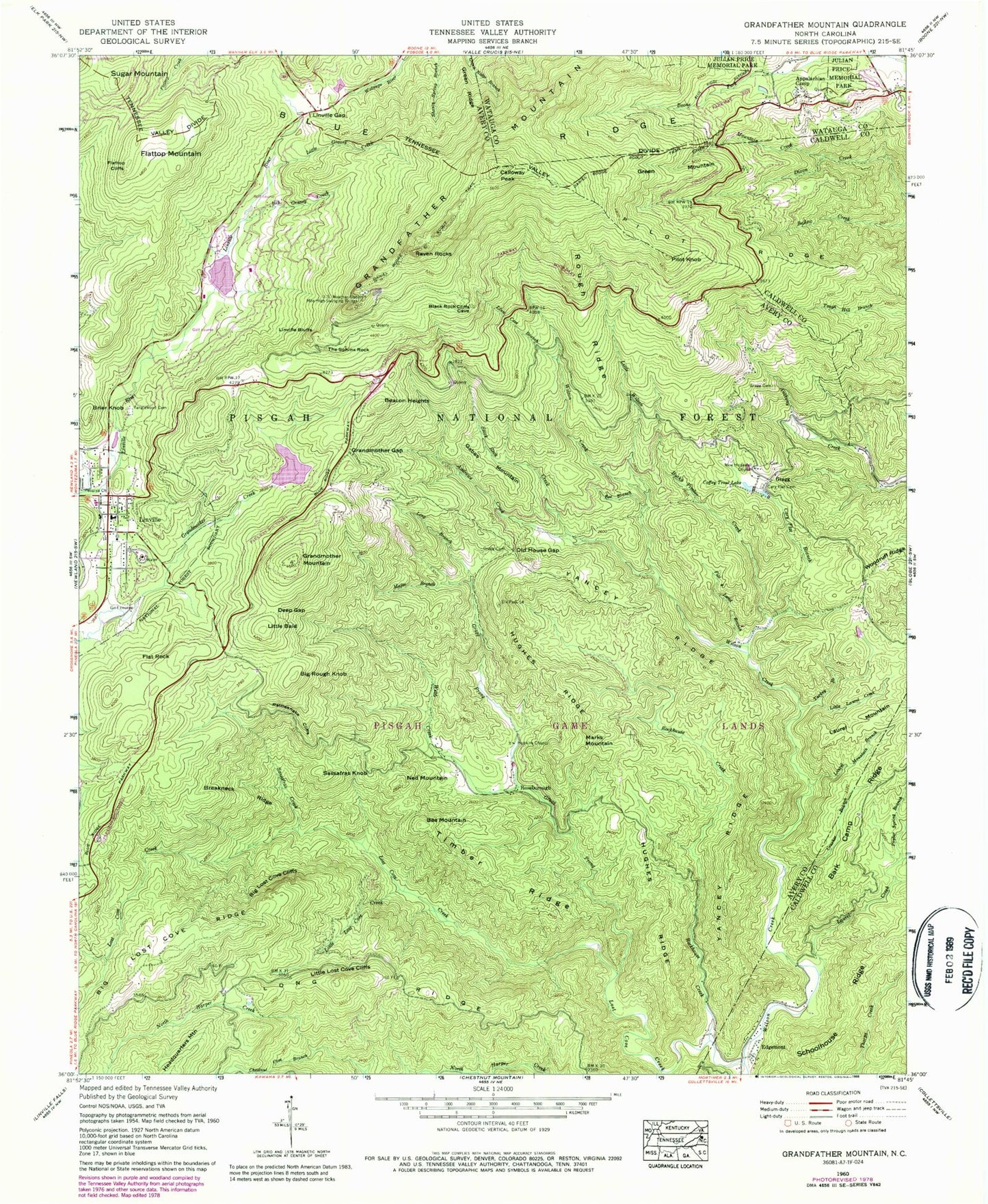 USGS Classic Grandfather Mountain North Carolina 7.5'x7.5' Topo Map Image