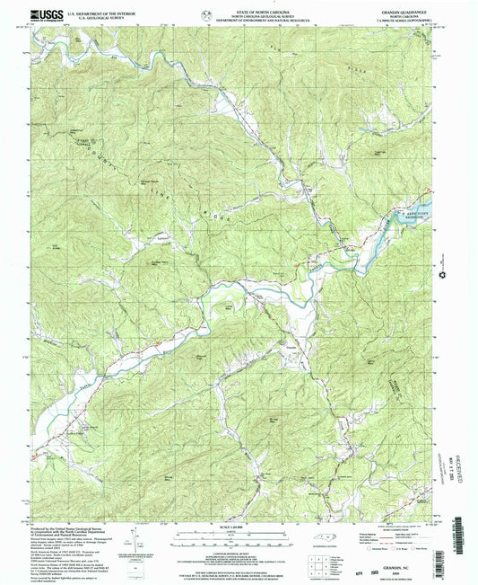 Classic USGS Grandin North Carolina 7.5'x7.5' Topo Map Image