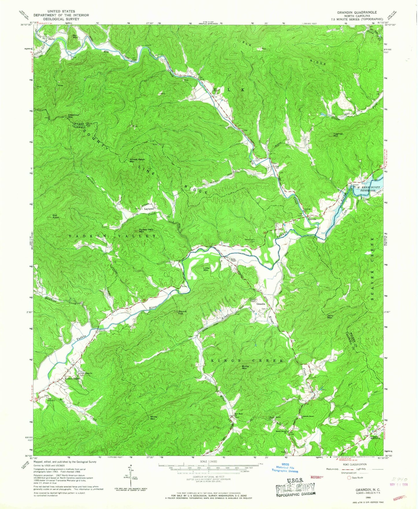 Classic USGS Grandin North Carolina 7.5'x7.5' Topo Map Image