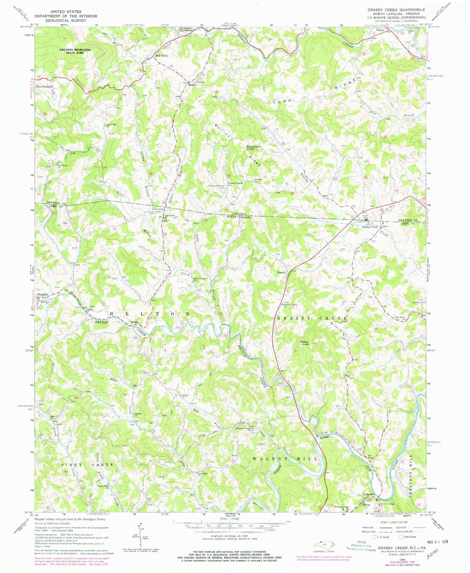 Classic USGS Grassy Creek North Carolina 7.5'x7.5' Topo Map Image