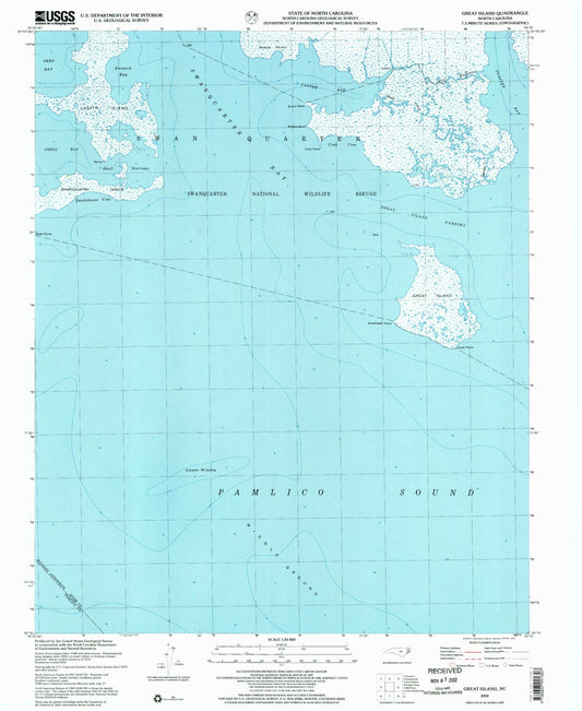 Classic USGS Great Island North Carolina 7.5'x7.5' Topo Map Image