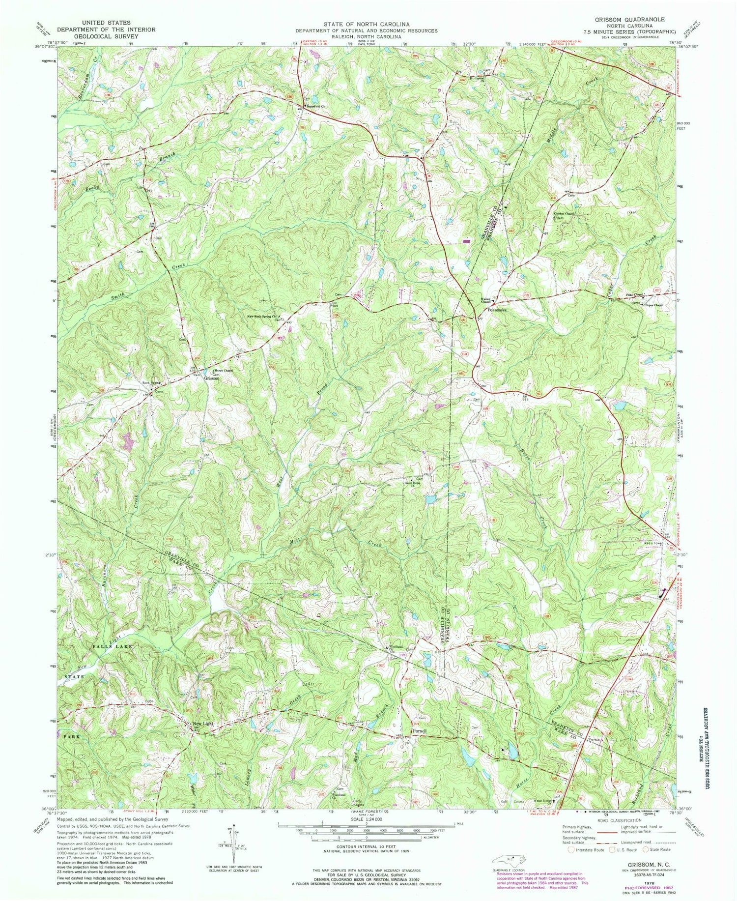 Classic USGS Grissom North Carolina 7.5'x7.5' Topo Map Image