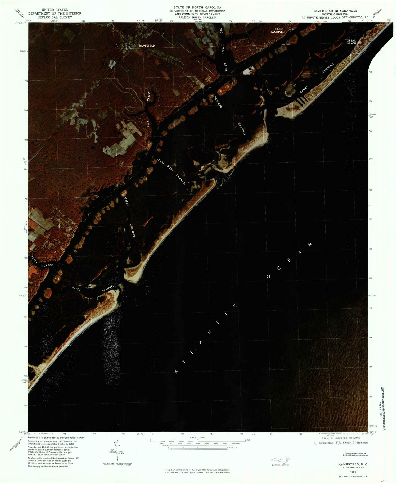 Classic USGS Hampstead North Carolina 7.5'x7.5' Topo Map Image