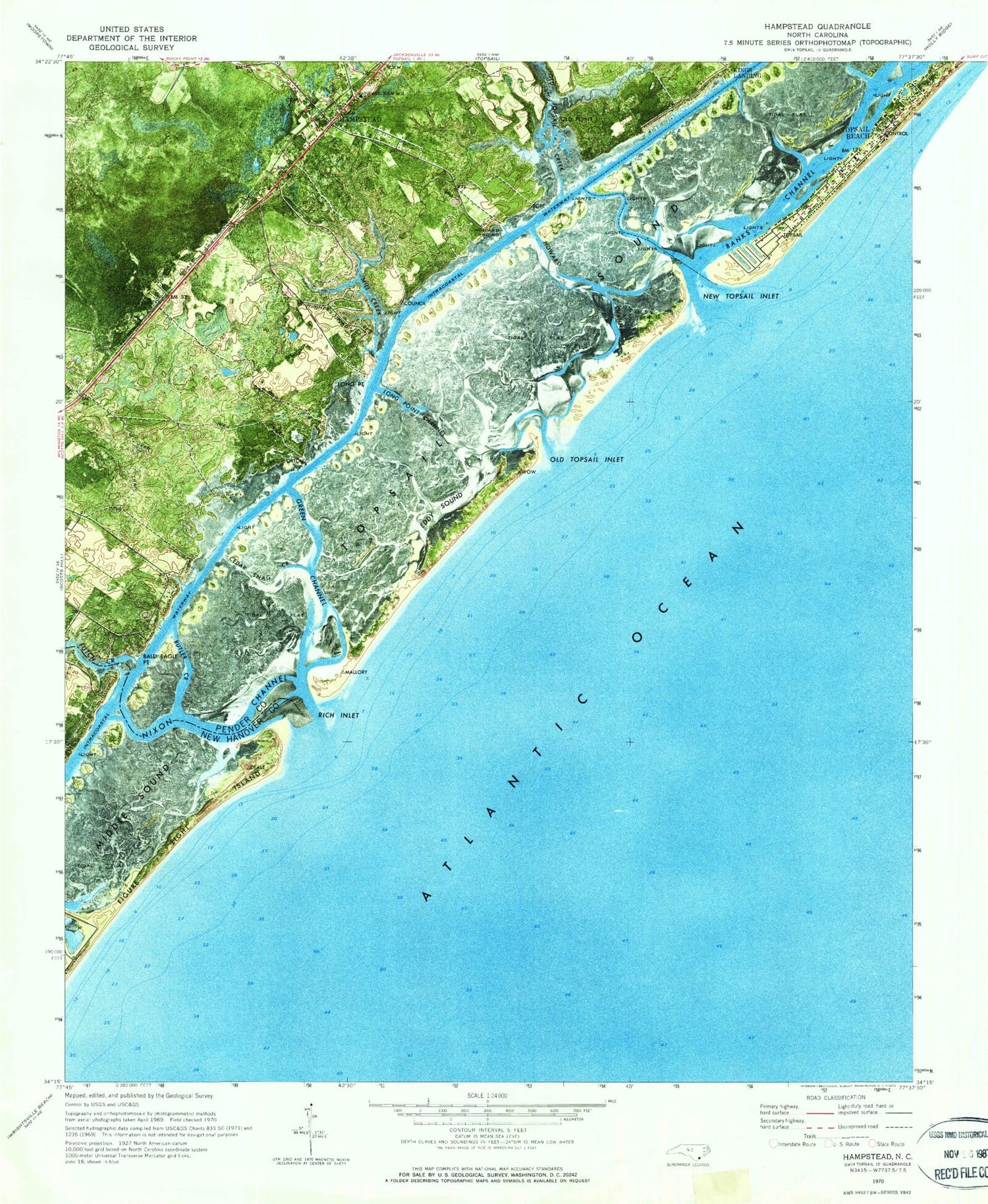 Classic USGS Hampstead North Carolina 7.5'x7.5' Topo Map Image