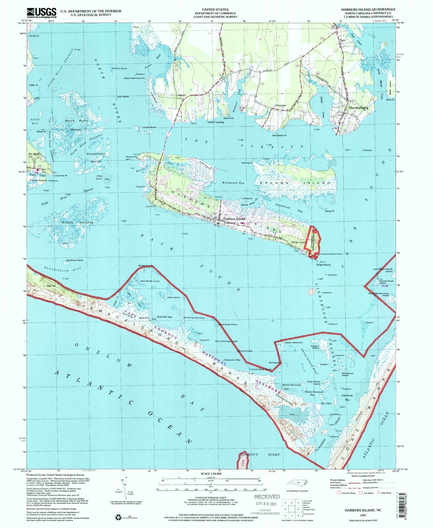 Classic USGS Harkers Island North Carolina 7.5'x7.5' Topo Map Image