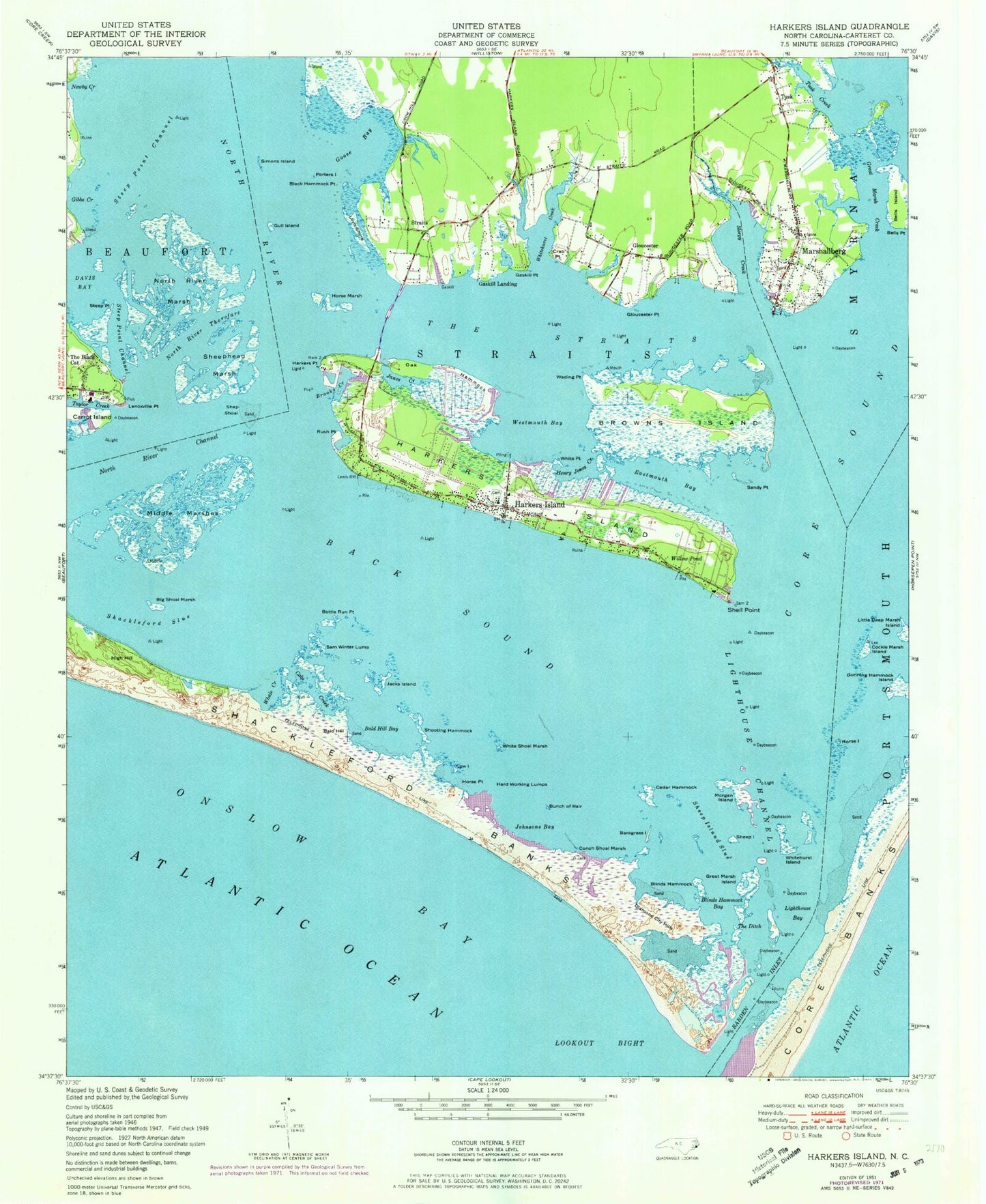 Classic USGS Harkers Island North Carolina 7.5'x7.5' Topo Map Image
