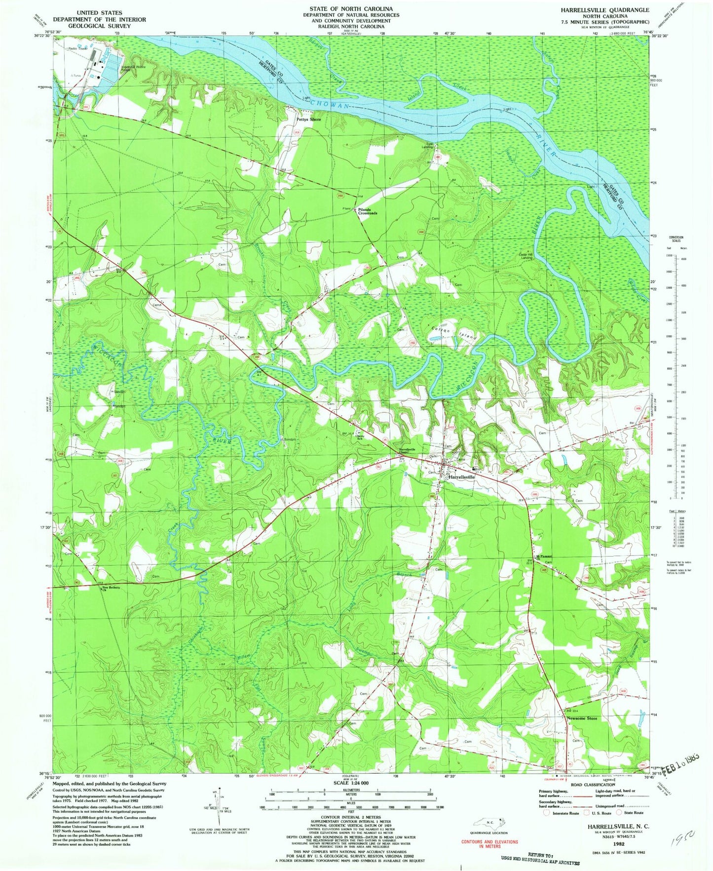 Classic USGS Harrellsville North Carolina 7.5'x7.5' Topo Map Image