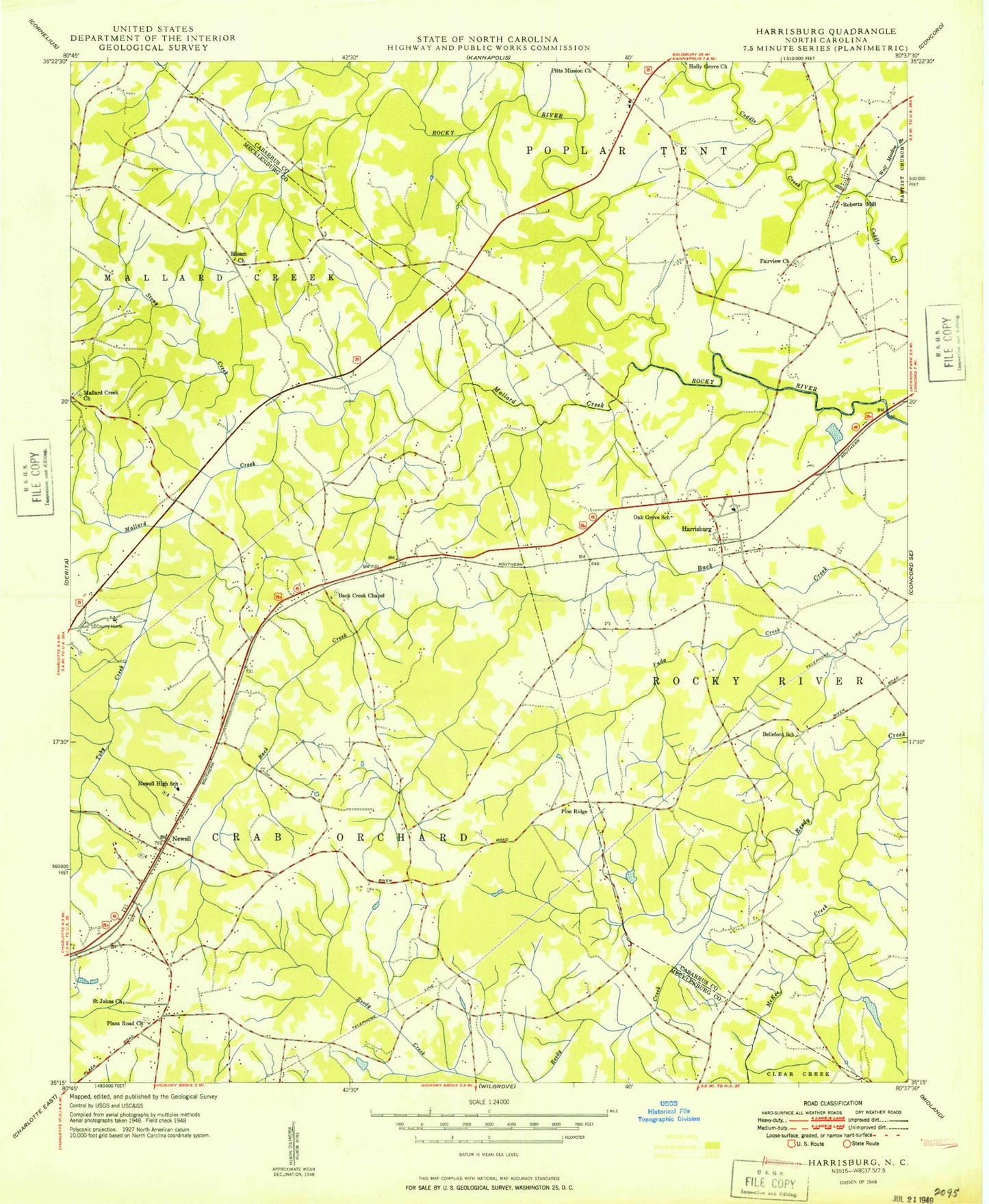Classic USGS Harrisburg North Carolina 7.5'x7.5' Topo Map Image