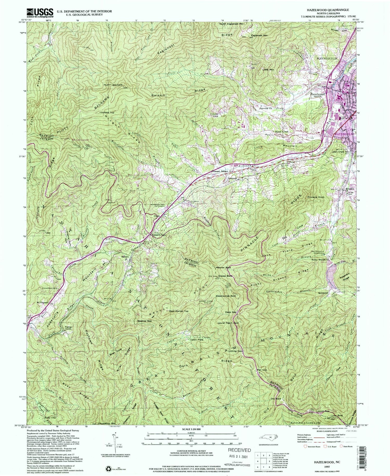 Classic USGS Hazelwood North Carolina 7.5'x7.5' Topo Map Image