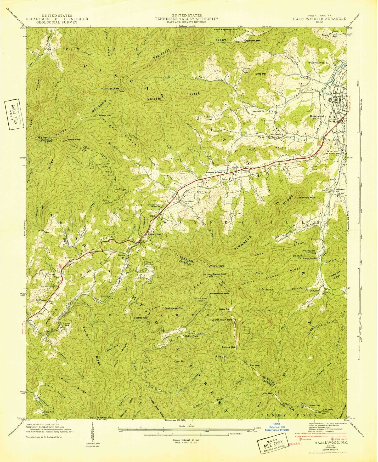 Classic USGS Hazelwood North Carolina 7.5'x7.5' Topo Map Image