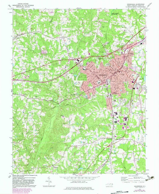 Classic USGS Henderson North Carolina 7.5'x7.5' Topo Map Image