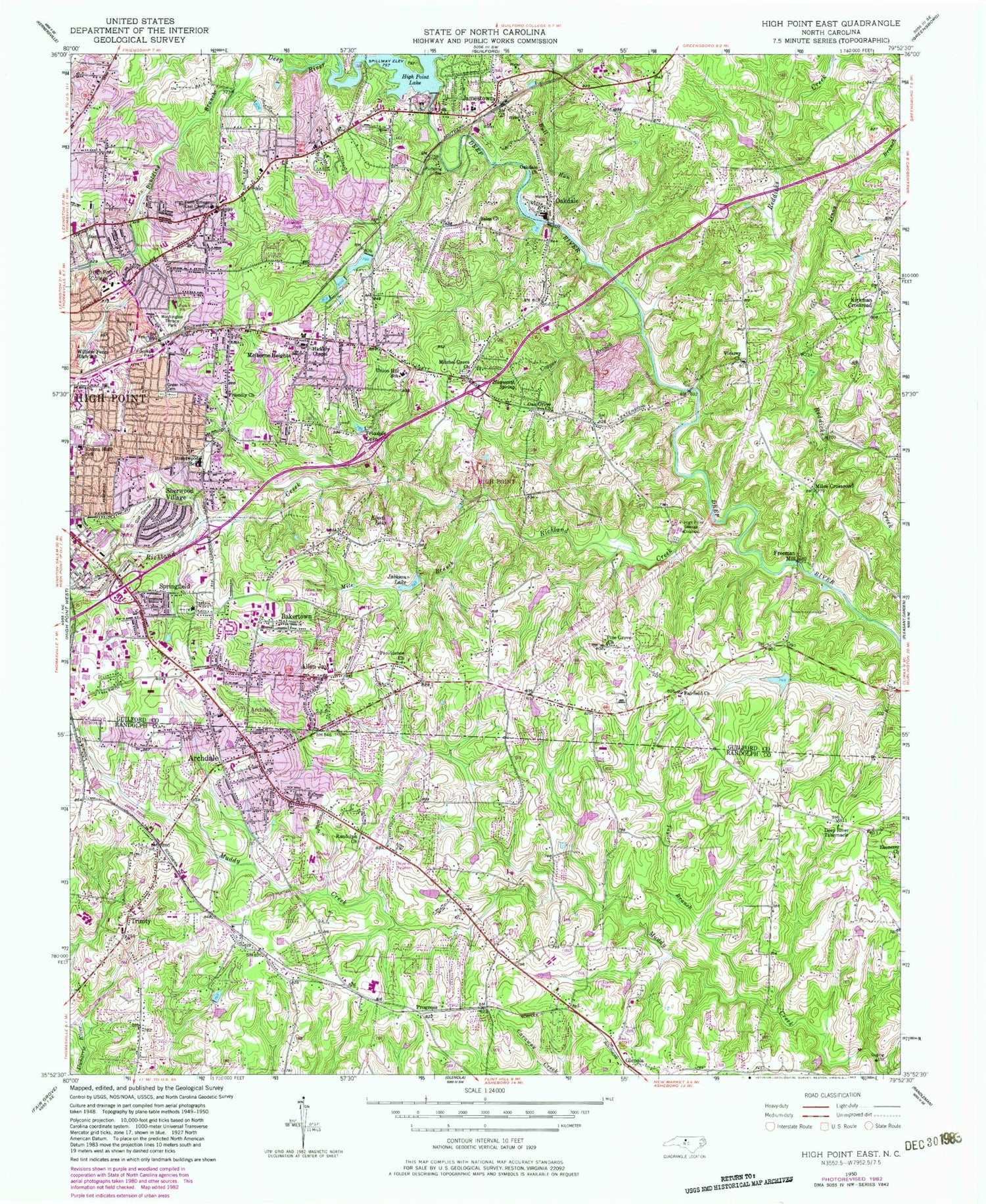 Classic USGS High Point East North Carolina 7.5'x7.5' Topo Map Image
