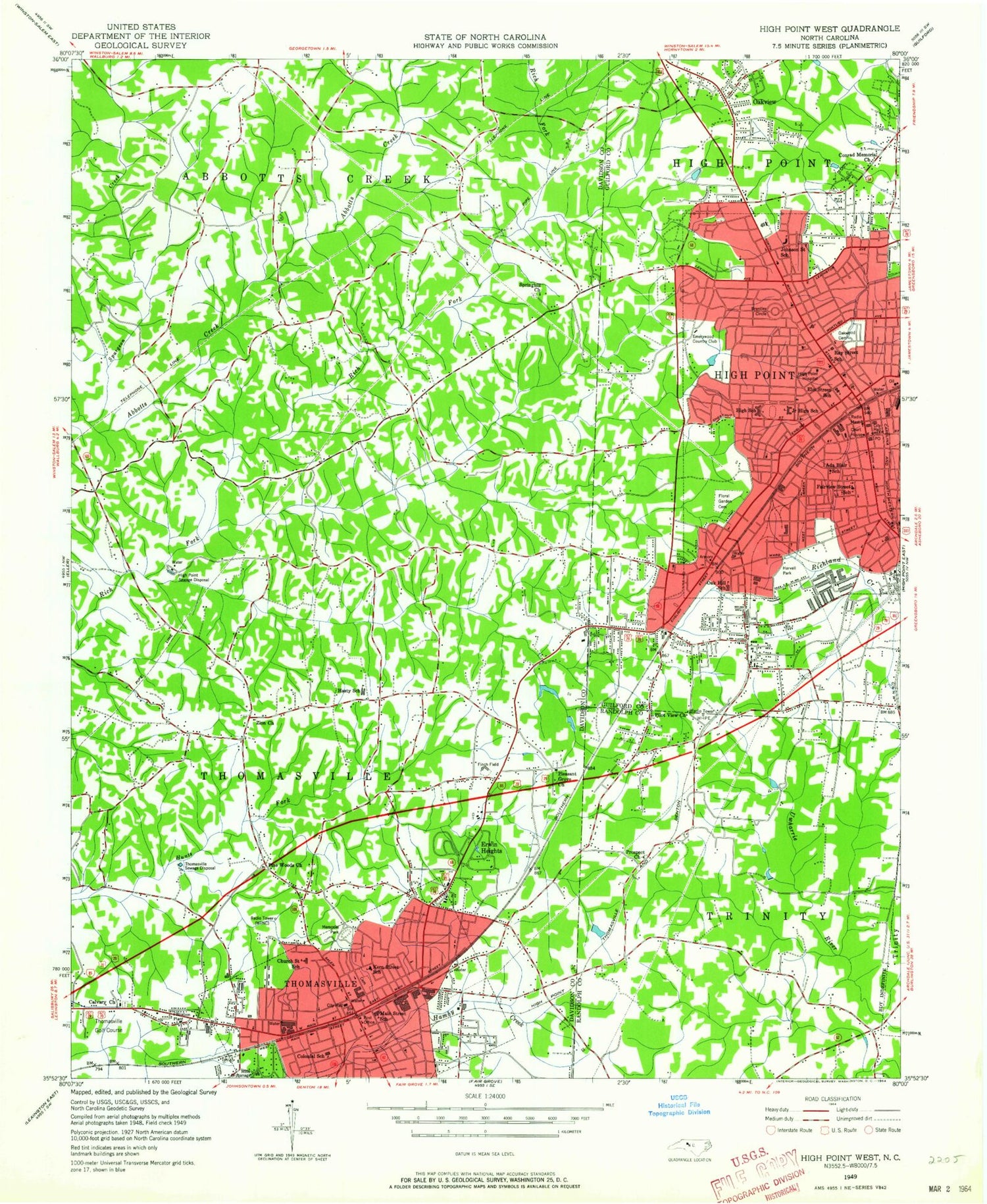 Classic USGS High Point West North Carolina 7.5'x7.5' Topo Map Image