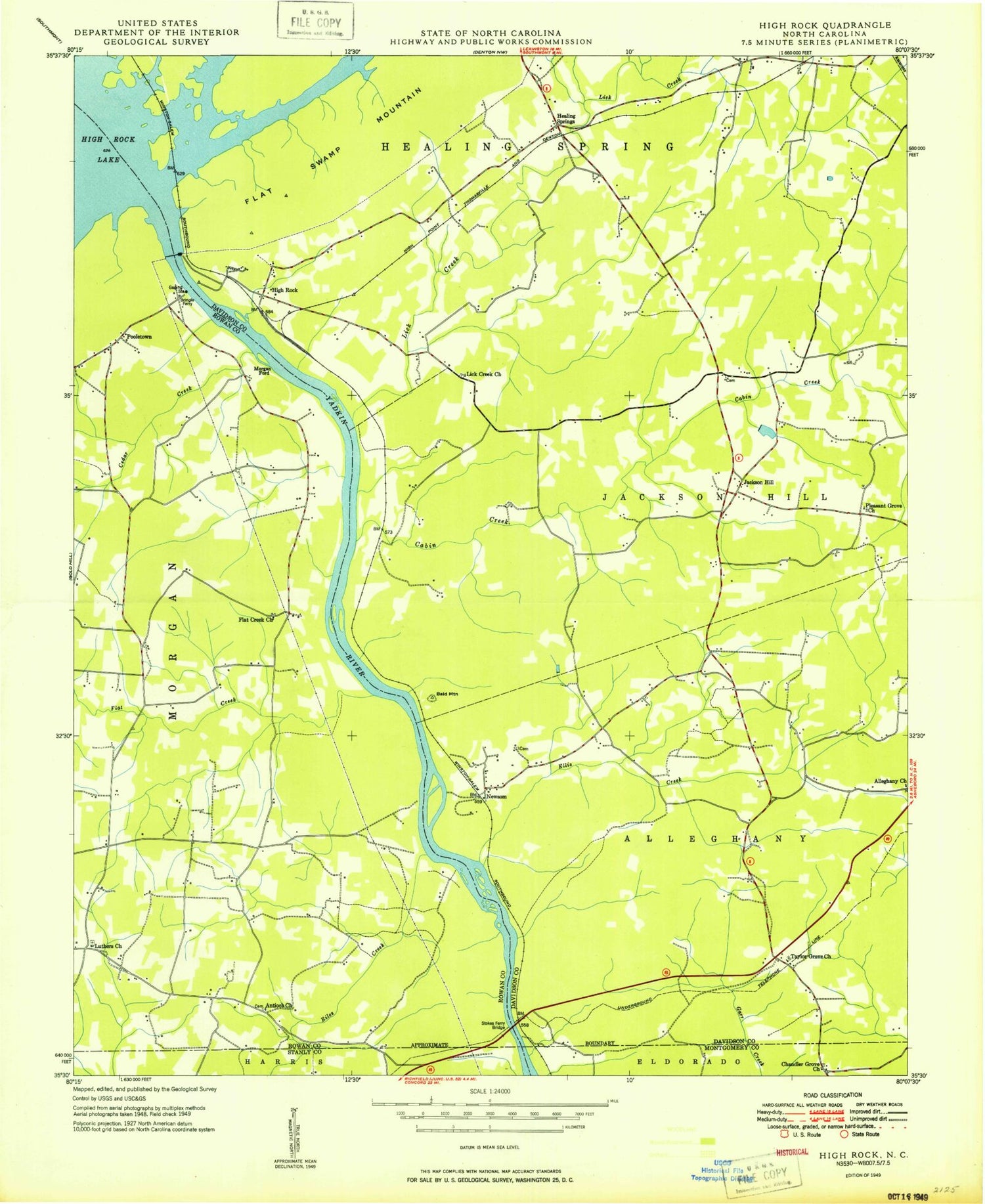 Classic USGS High Rock North Carolina 7.5'x7.5' Topo Map Image
