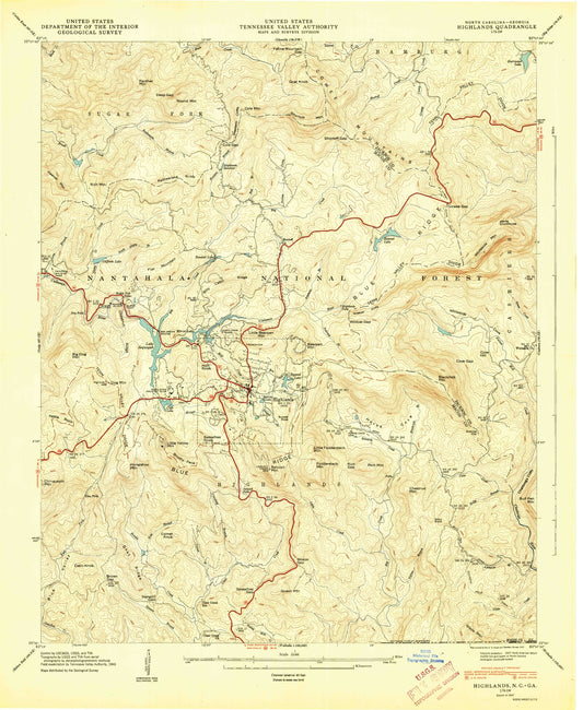 Classic USGS Highlands North Carolina 7.5'x7.5' Topo Map Image