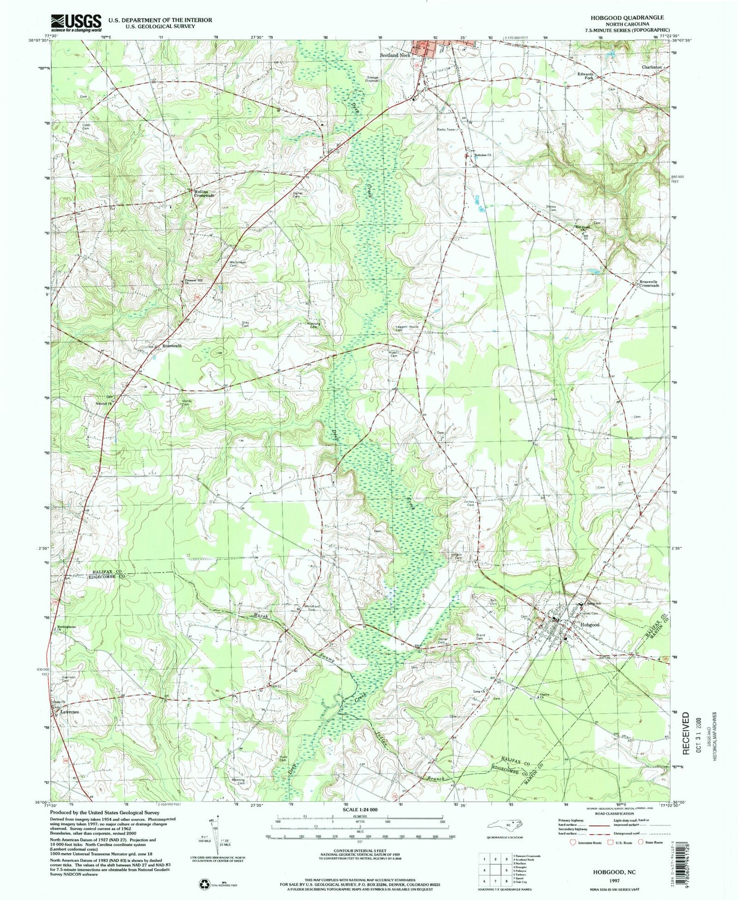 Classic USGS Hobgood North Carolina 7.5'x7.5' Topo Map Image
