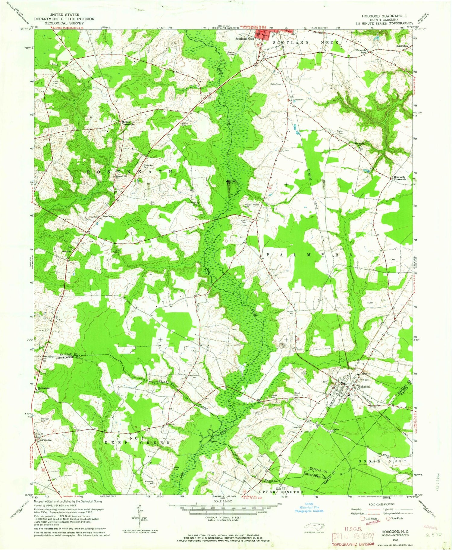Classic USGS Hobgood North Carolina 7.5'x7.5' Topo Map Image