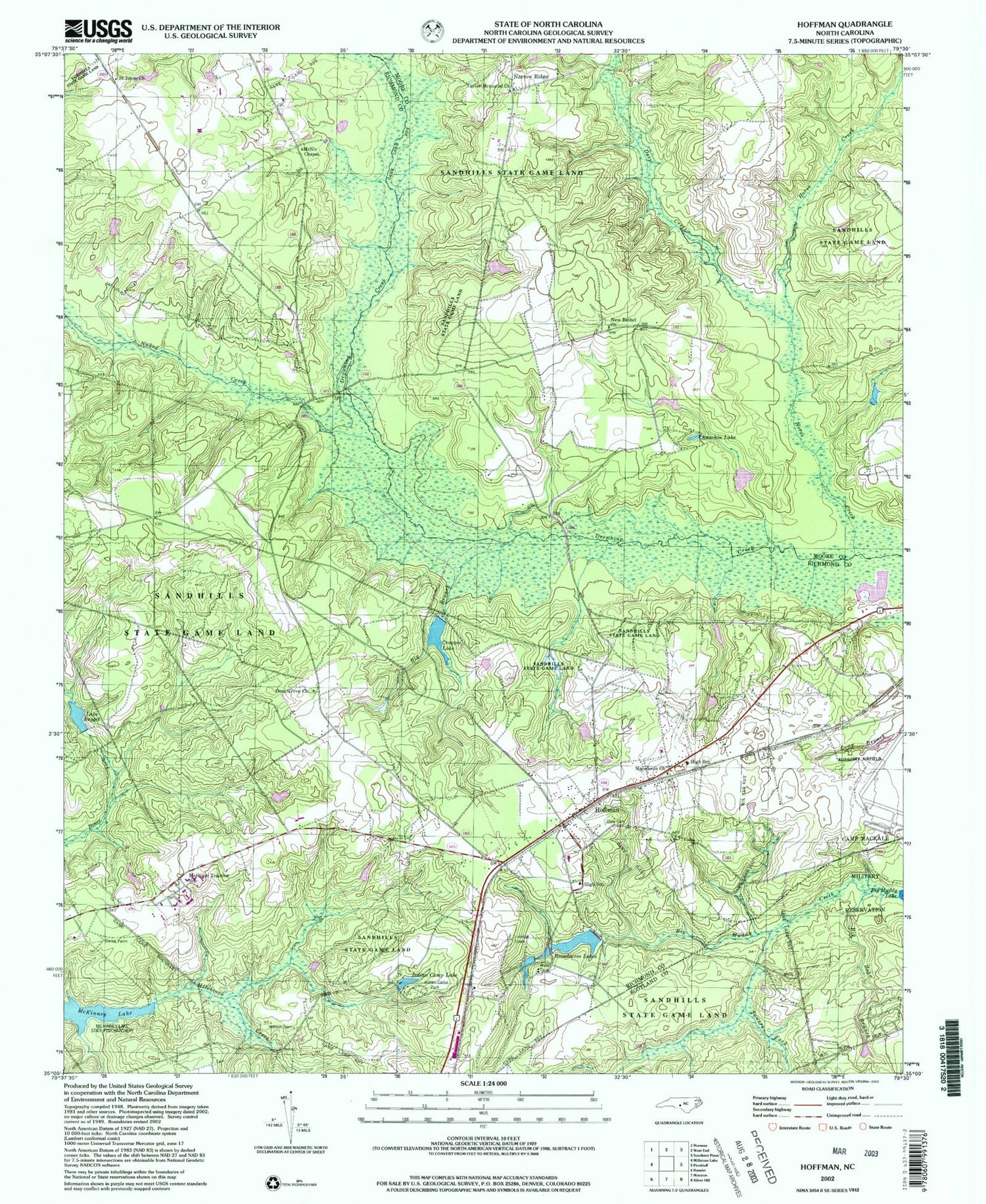 Classic USGS Hoffman North Carolina 7.5'x7.5' Topo Map Image