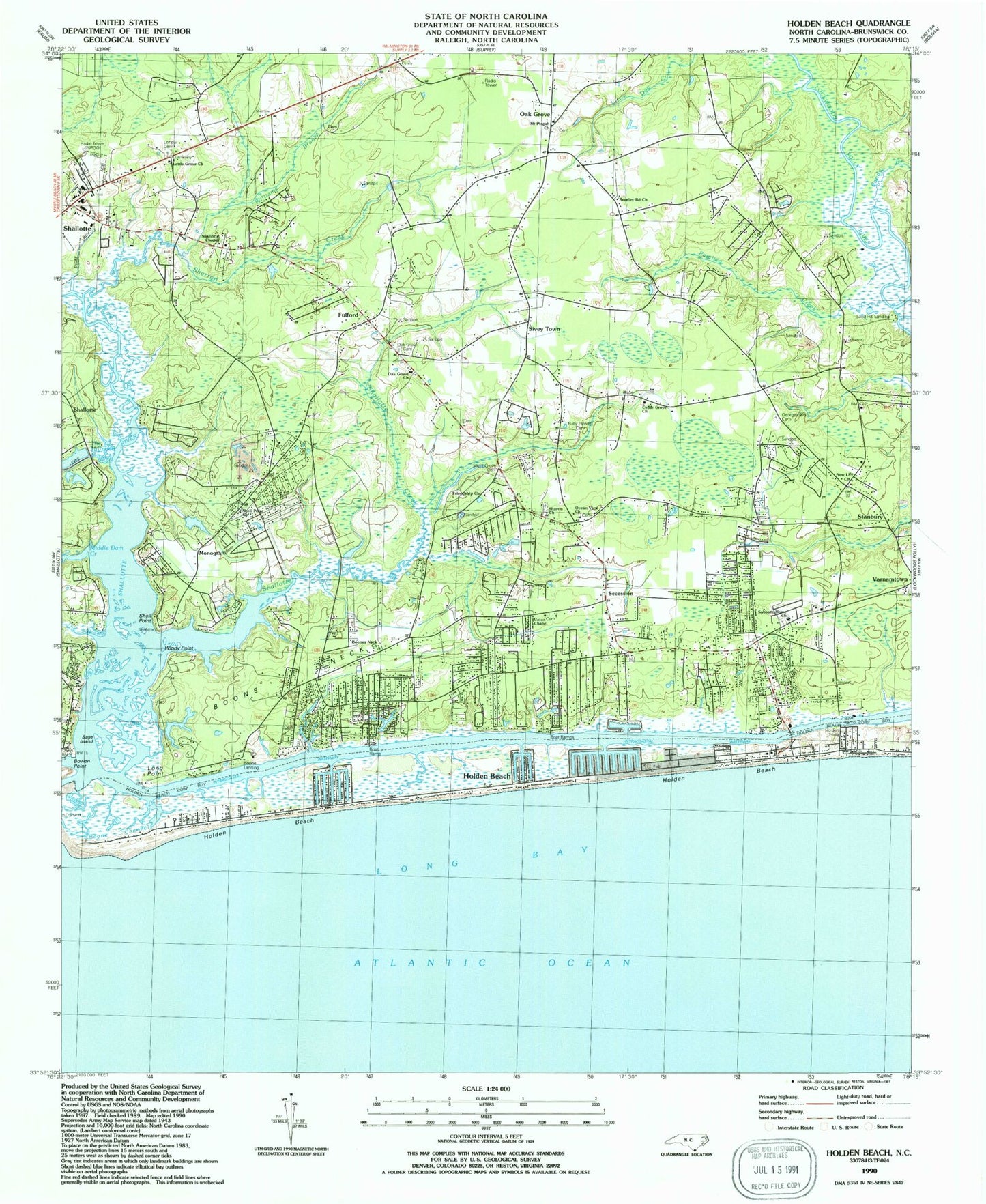 Classic USGS Holden Beach North Carolina 7.5'x7.5' Topo Map Image