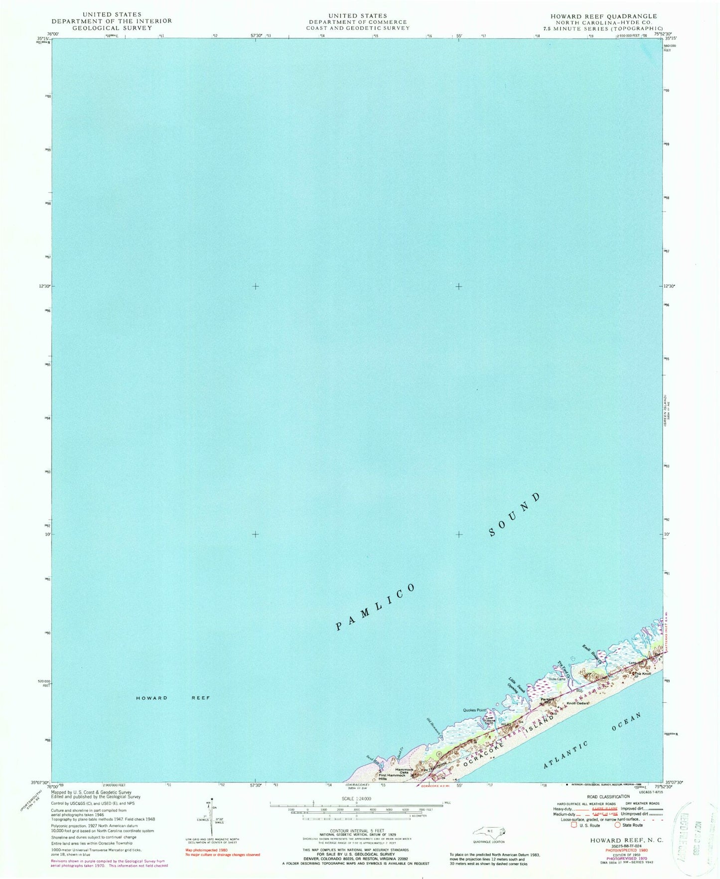Classic USGS Howard Reef North Carolina 7.5'x7.5' Topo Map Image