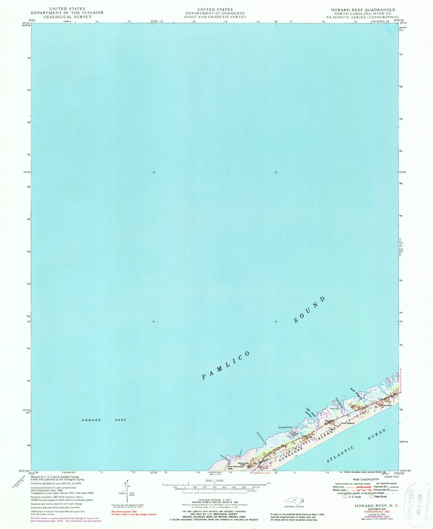 Classic USGS Howard Reef North Carolina 7.5'x7.5' Topo Map Image
