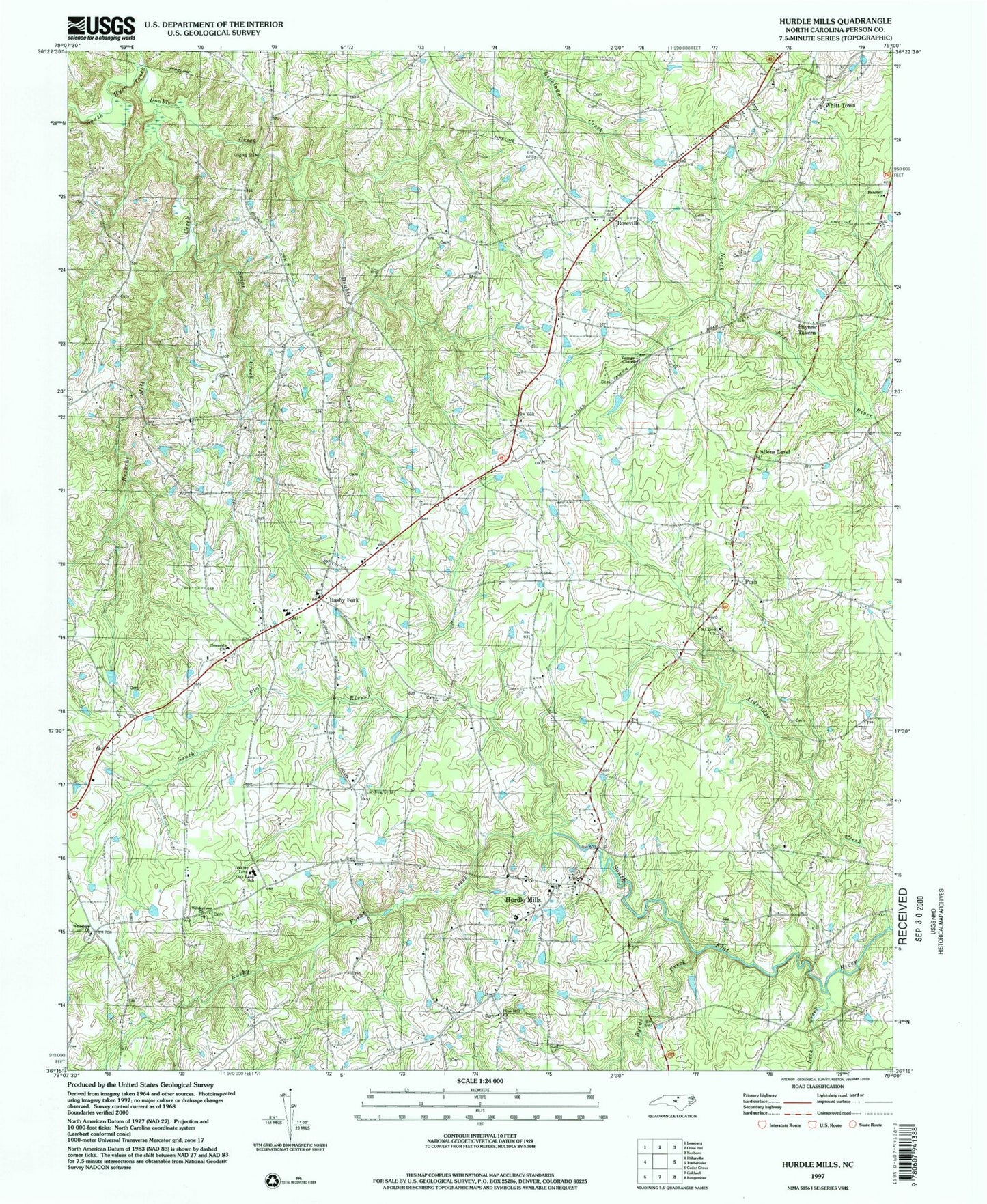 Classic USGS Hurdle Mills North Carolina 7.5'x7.5' Topo Map Image