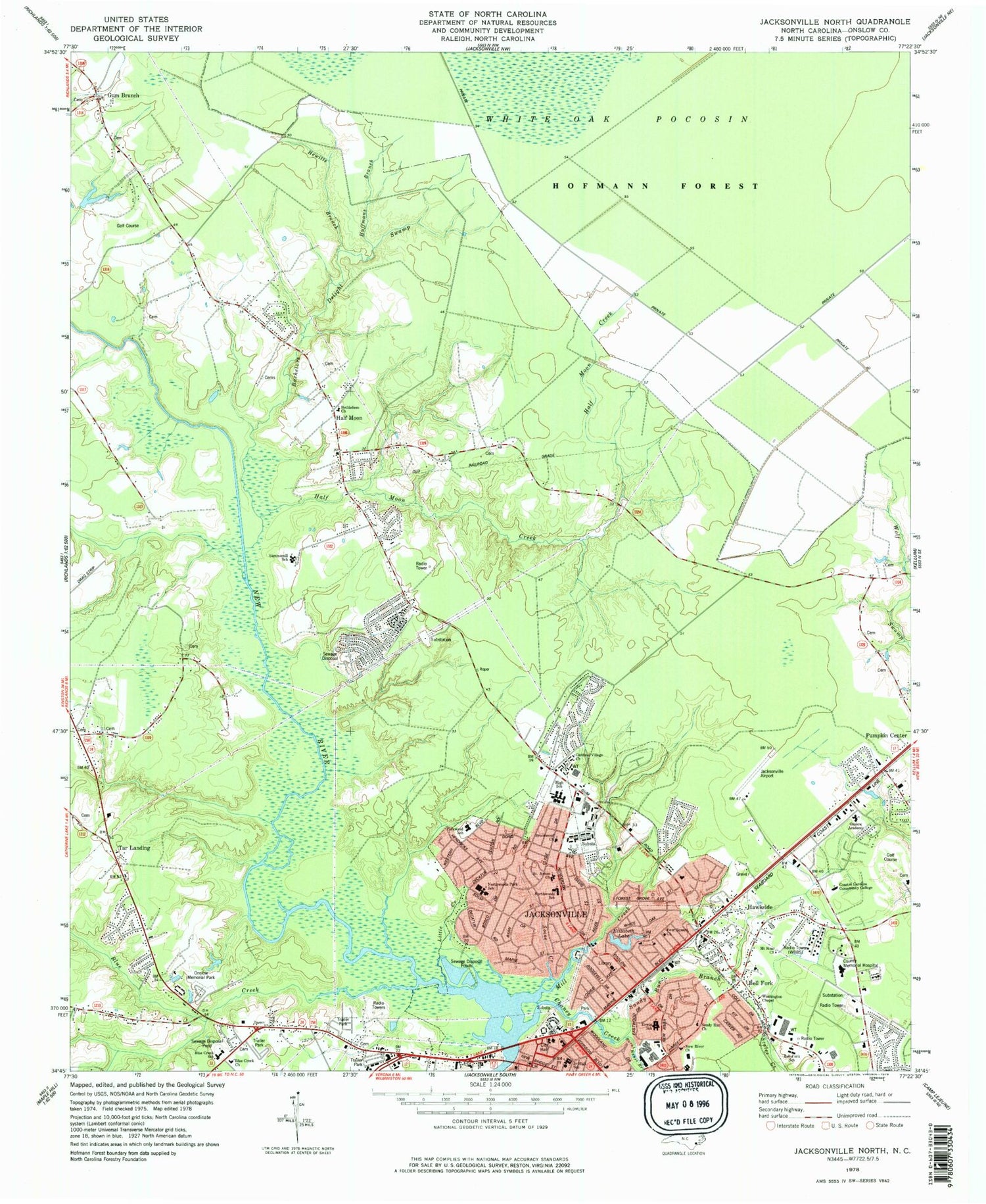 Classic USGS Jacksonville North North Carolina 7.5'x7.5' Topo Map Image